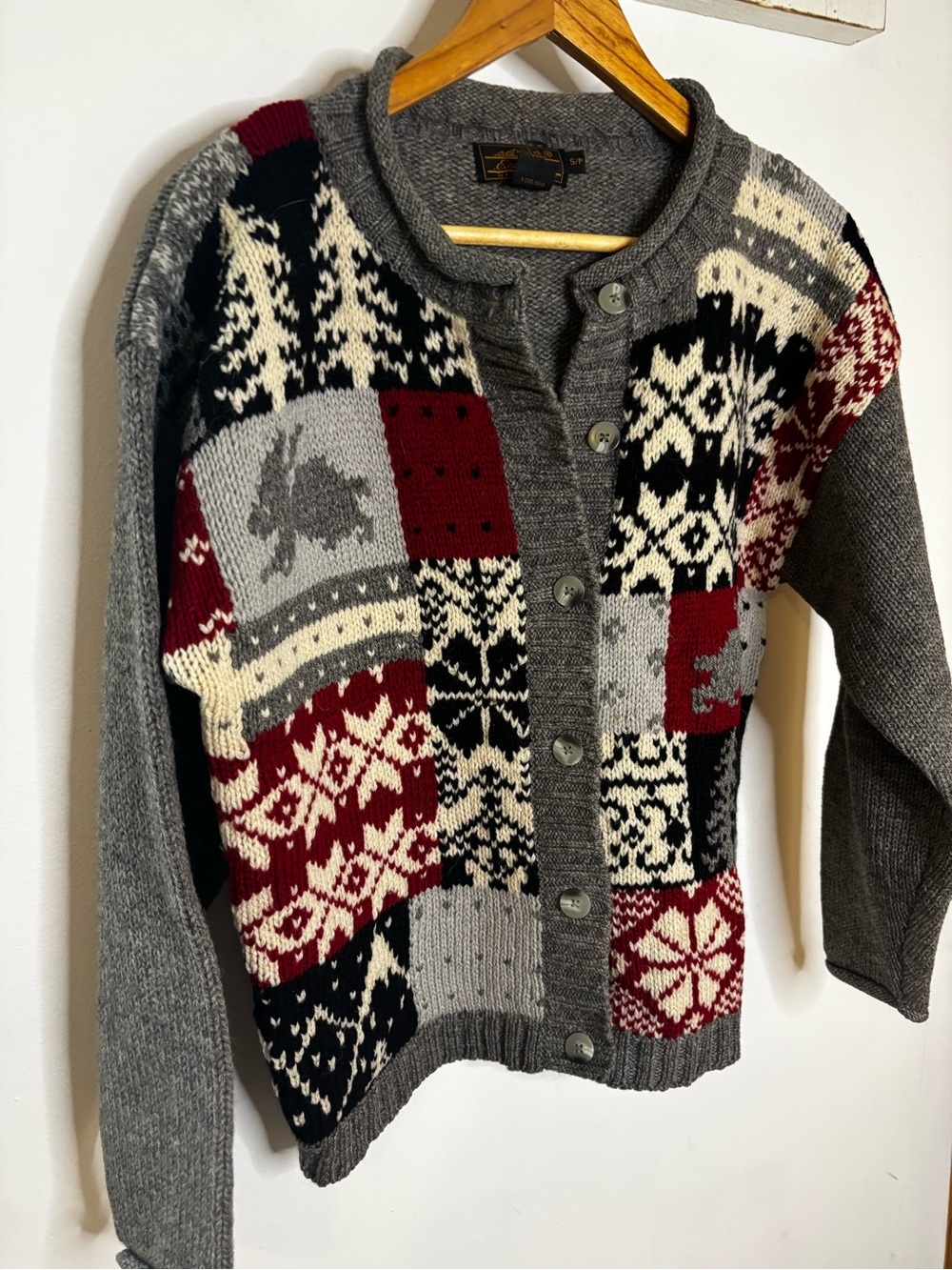 Eddie Bauer Gray Wool Knit Whimsical Rabbit Patchwork Cardigan